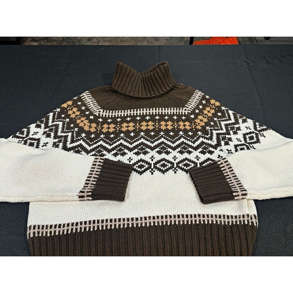 American Eagle XL Fair Isle Nordic Turtleneck Sweater Brown Cream Geometric NWT
